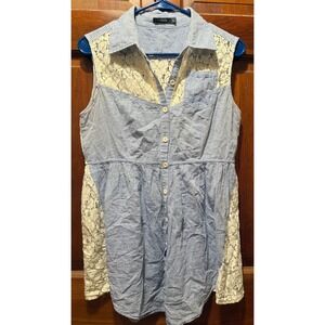 Theme Blue White Stripe Lace Sleeveless Button Front Tunic Top Women's M